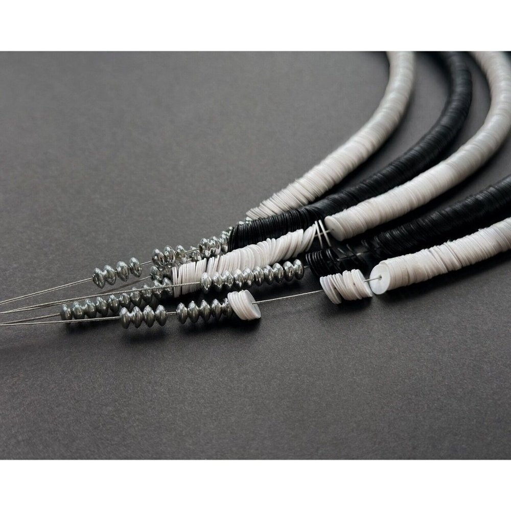 JEWELRY SET black white small plastic round disks bead necklace & hoop earrings - Picture 3 of 7